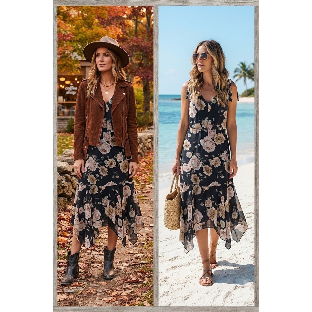 White House Black Market Floral Handkerchief Hem Midi Dress Navy 8 NWT